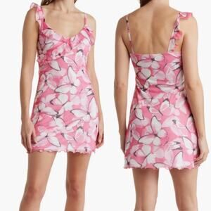 Elodie 90s Y2K Pink White Butterfly Ruffle Mesh Mini Dress Womens Large